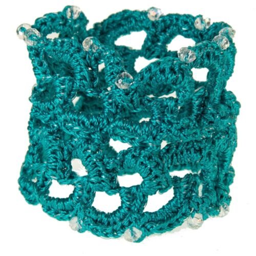 Χειροποίητο πλεκτό βραχιόλι από μετάξι και κρύσταλλα - τιρκουάζ