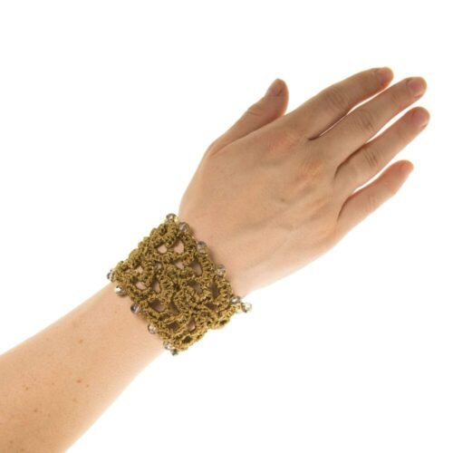 Χειροποίητο πλεκτό βραχιόλι από μετάξι με κρύσταλλα - χακί