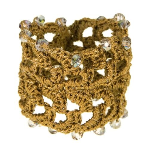 Χειροποίητο πλεκτό βραχιόλι από μετάξι με κρύσταλλα - χακί