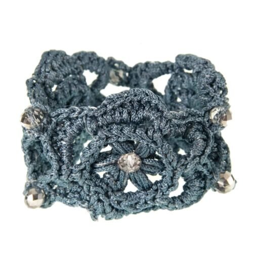 Χειροποίητο πλεκτό βραχιόλι από μετάξι και κρύσταλλα - πετρόλ