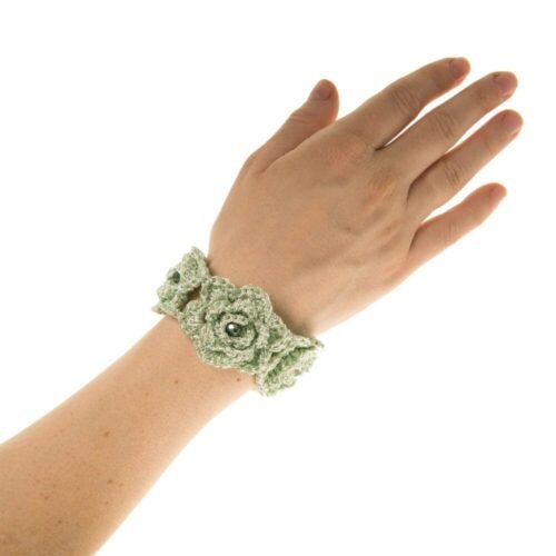 Χειροποίητο πλεκτό βραχιόλι από μετάξι και κρυσταλλάκια - λαχανί