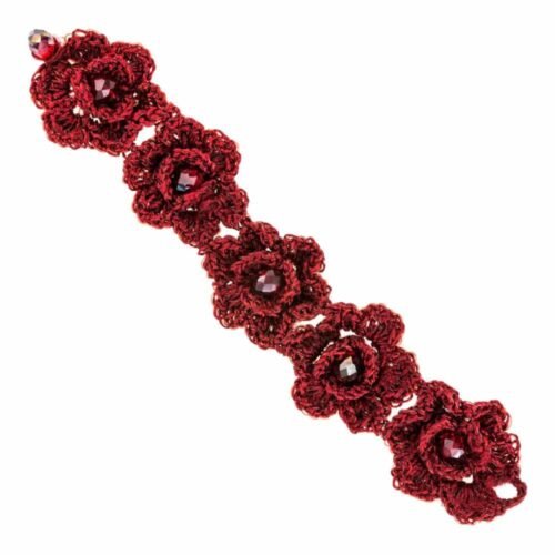 Χειροποίητο πλεκτό βραχιόλι από μετάξι και κρυσταλλάκια - μπορντό