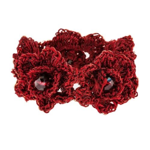 Χειροποίητο πλεκτό βραχιόλι από μετάξι και κρυσταλλάκια - μπορντό