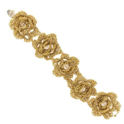 Χειροποίητο πλεκτό βραχιόλι από μετάξι και κρυσταλλάκια - χρυσό