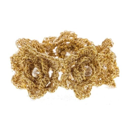 Χειροποίητο πλεκτό βραχιόλι από μετάξι και κρυσταλλάκια - χρυσό