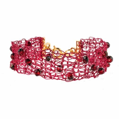 Χειροποίητο πλεκτό βραχιόλι από σύρμα και κρυσταλλάκια κόκκινο