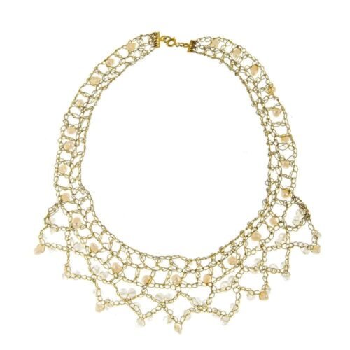 Χειροποίητο πλεκτό κολιέ από σύρμα με μαργαριτάρια - χρυσό ή ασημί