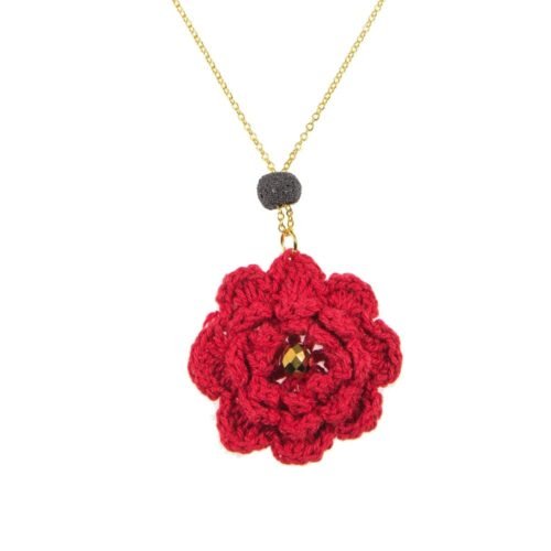 Χειροποίητο πλεκτό κολιέ κόκκινο με ορυκτή λάβα