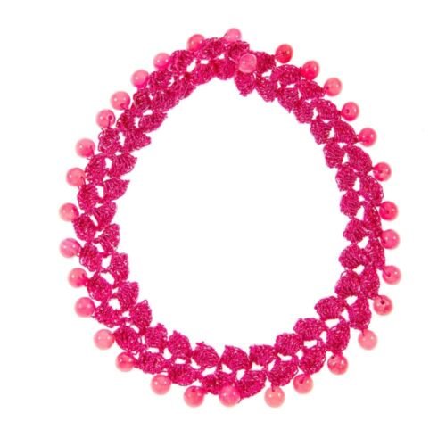 Χειροποίητο πλεκτό κολιέ φούξια από μετάξι - ροζ νεφρίτη