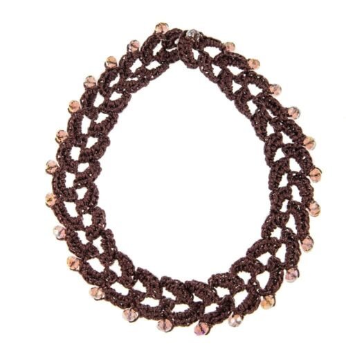 Χειροποίητο πλεκτό κολιέ με ιριδίζουσες χάντρες - μελιτζανί