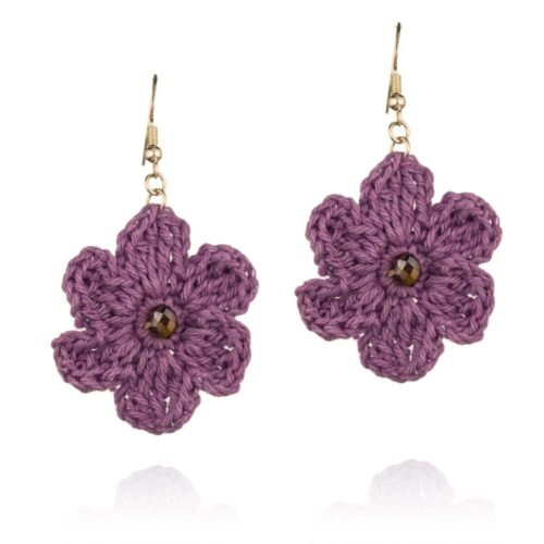 Πλεκτά Σκουλαρίκια Χειροποίητα σε σχέδιο λουλούδι σε διάφορα χρώματα με κρύσταλλο