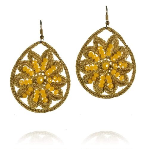 Χειροποίητα πλεκτά σκουλαρίκια χρυσά ιριδίζον με κρύσταλλο