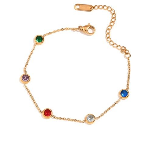Βραχιόλι ατσάλινο λεπτό με ζιργκόν πολύχρωμα και λεπτή αλυσίδα επιμεταλλωμένο 18Κ Χρυσό waterproof