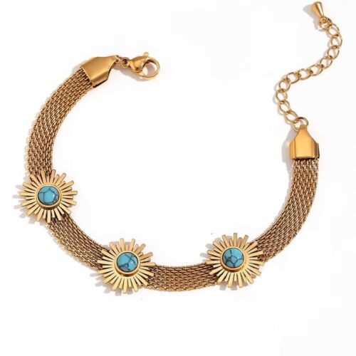 Βραχιόλι ατσάλινο με σχέδιο Ήλιος και πέτρες τιρκουάζ επιμεταλλωμένο 18Κ Χρυσό waterproof