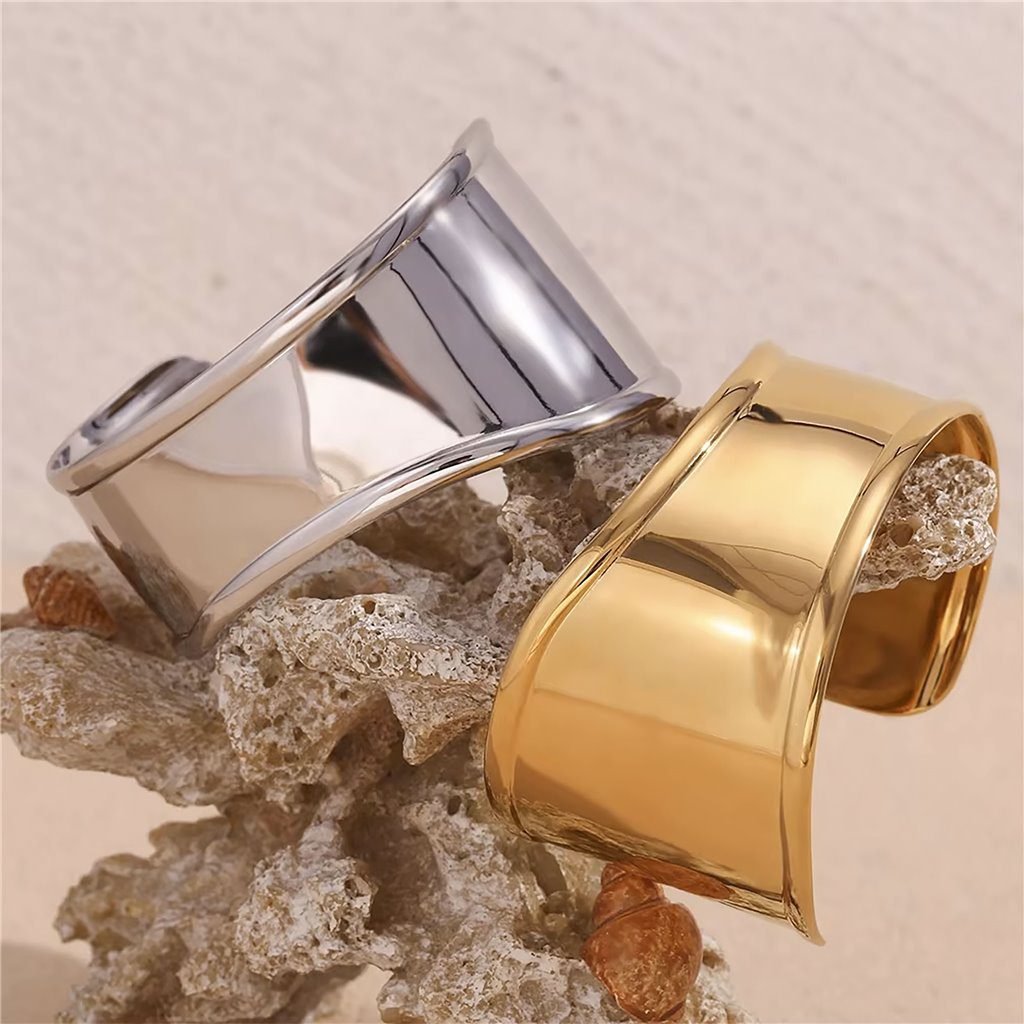 Βραχιόλι χειροπέδα αστάλινο φαρδύ Chunky Cuff σε χρώμα ασημί ή επιμεταλλωμένο 18Κ Χρυσό waterproof