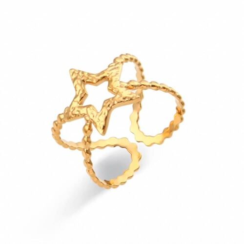 Δαχτυλίδι ατσάλινο σε σχήμα αλυσίδας από μικρές σφαίρες με αστέρι στο κέντρο, επιμεταλλωμένο σε 18K χρυσό