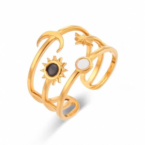 Δαχτυλίδι ατσάλινο, επιχρυσωμένο και σμάλτο. Λεπτό με σχέδιο Ήλιος - Φεγγάρι - Αστέρι! Επιμεταλλωμένο σε 18K χρυσό