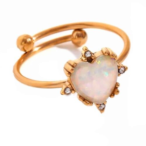 Δαχτυλίδι καρδιά με φυσική πέτρα οπάλιο σε λευκό ή γαλάζιο χρώμα, επιμεταλλωμένο σε 18K χρυσό