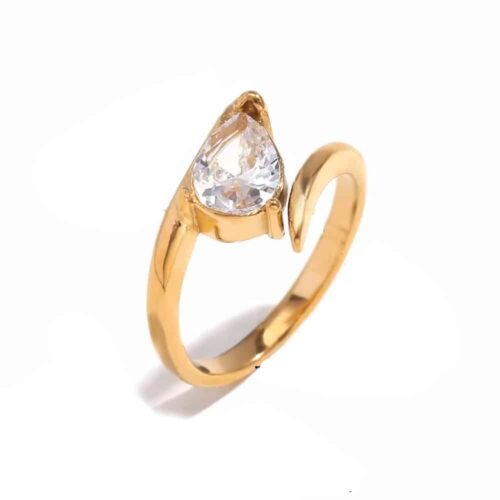 Δαχτυλίδι λεπτό με διάφανο κρύσταλλο ζιργκόν σε σχήμα σταγόνας! Ατσάλινο επιχρυσωμένο (επιμετάλλωση σε 18K χρυσό)