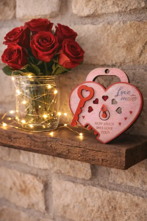 Ξύλινο διακοσμητικό καρδιά με κλειδί περιστρεφόμενο – Love Meter