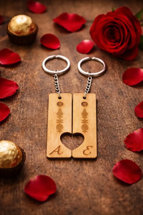 Ξύλινο μπρελόκ Spotify QR για ζευγάρι με μονογράμματα