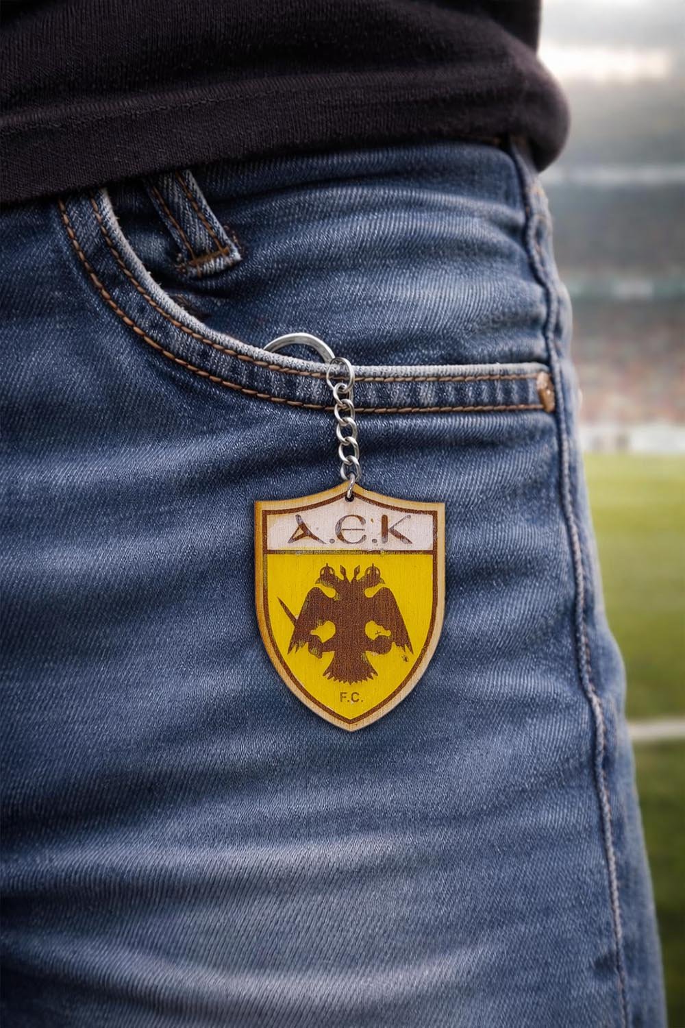 mprelok0005-4 Ξύλινο μπρελόκ ΑΕΚ με χάραξη ονόματος ή μηνύματος